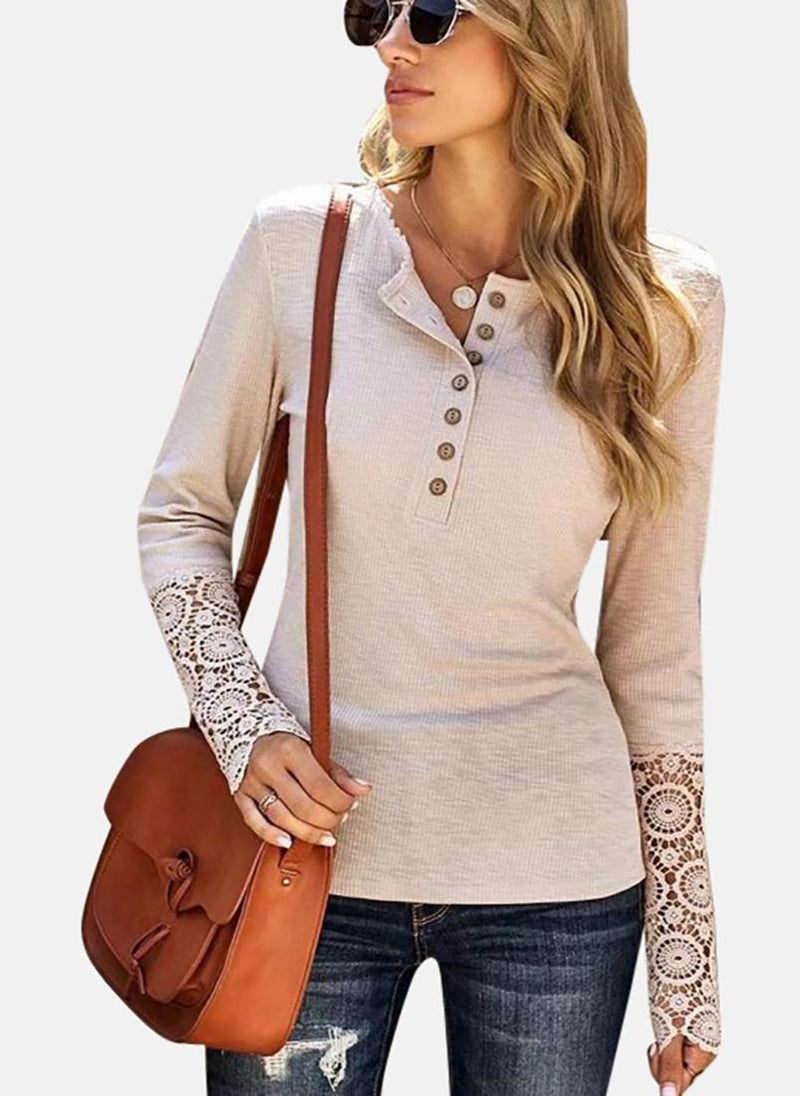يونيكي Beige Solid Long Sleeve Henley T-Shirt - Image 3