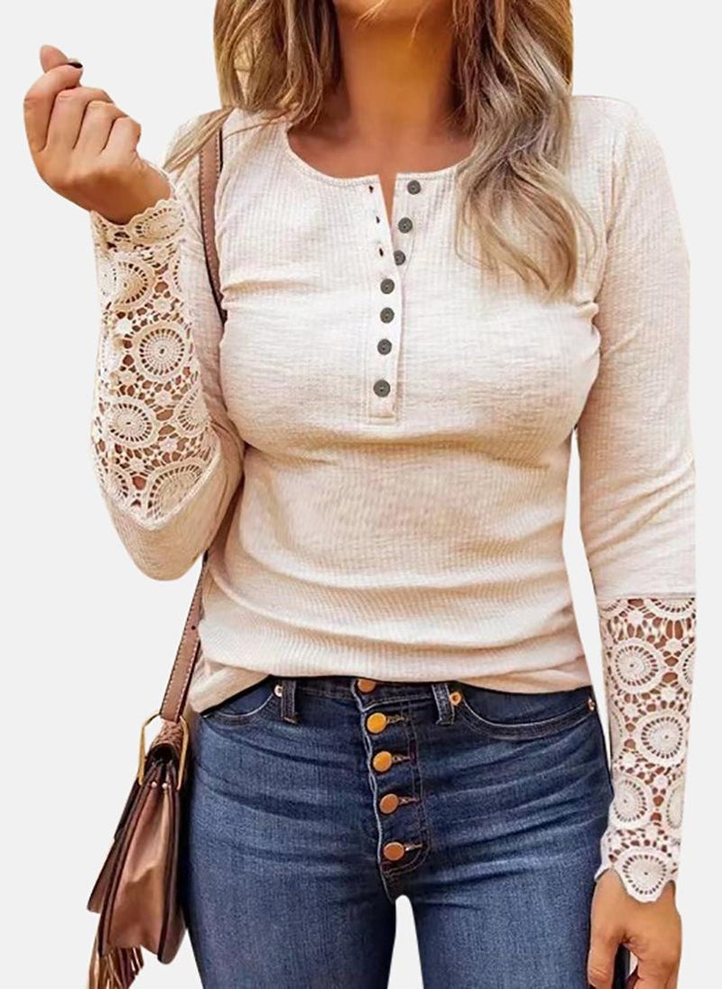 يونيكي Beige Solid Long Sleeve Henley T-Shirt - Image 1