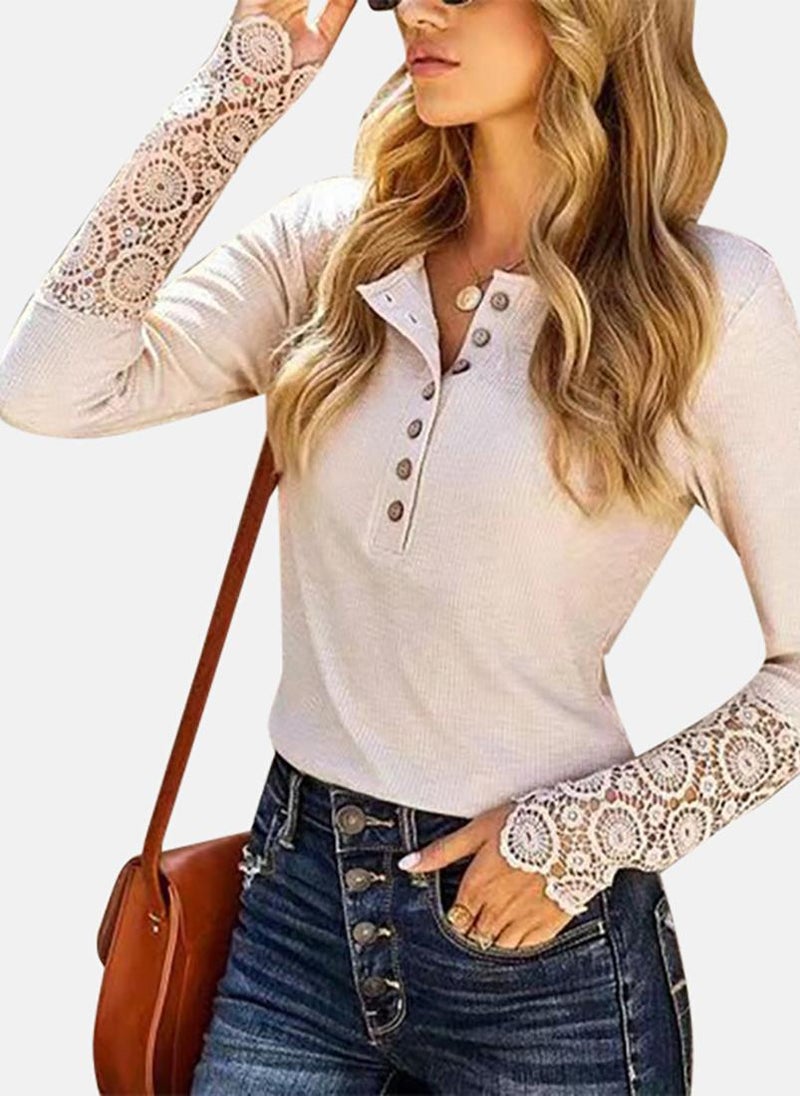 يونيكي Beige Solid Long Sleeve Henley T-Shirt - Image 4