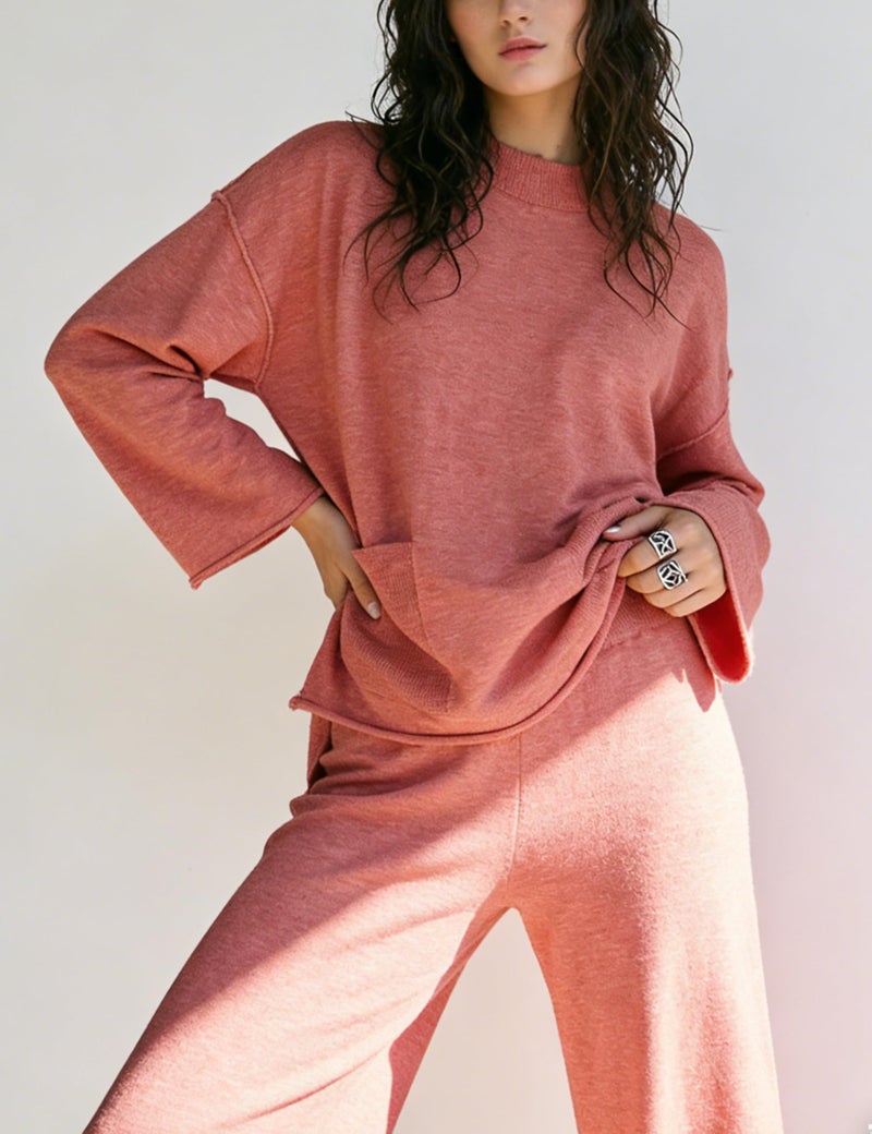 IQSQSQ Women's 2 Piece Sweater Set Long Sleeve Knit Top Wide Leg Pants Spring Fall Winter Casual Lounge Outfit(CoralPink-S) - Image 2