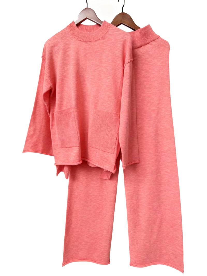 IQSQSQ Women's 2 Piece Sweater Set Long Sleeve Knit Top Wide Leg Pants Spring Fall Winter Casual Lounge Outfit(CoralPink-S) - Image 4