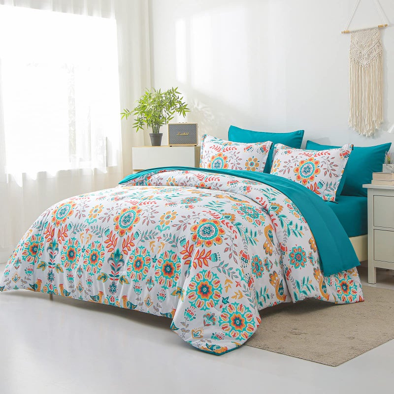 DHSFKBE Boho Comforter Set King - 7 Pieces Bed in a Bag Floral Medallions Design, Bohemian Comforter Set with Sheets, Soft Microfiber Complete Bedding Sets All Season (Teal Blue, King) - Image 3