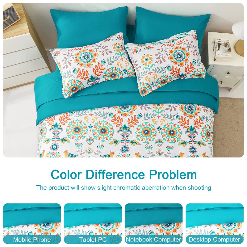 DHSFKBE Boho Comforter Set King - 7 Pieces Bed in a Bag Floral Medallions Design, Bohemian Comforter Set with Sheets, Soft Microfiber Complete Bedding Sets All Season (Teal Blue, King) - Image 5