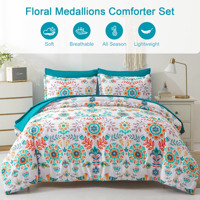 DHSFKBE Boho Comforter Set King - 7 Pieces Bed in a Bag Floral Medallions Design, Bohemian Comforter Set with Sheets, Soft Microfiber Complete Bedding Sets All Season (Teal Blue, King) - Image 2