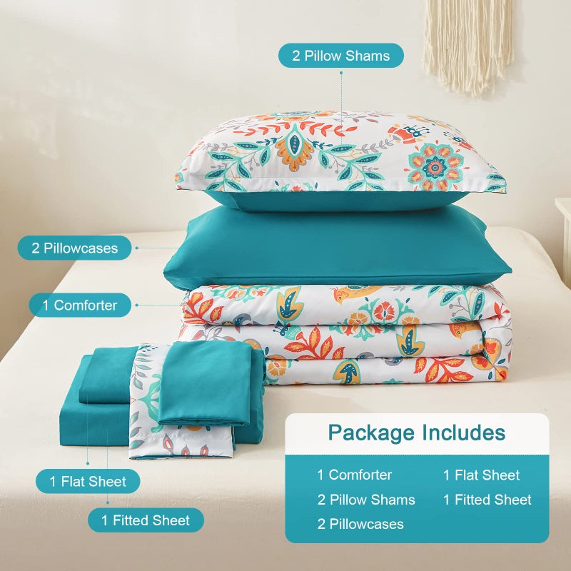 DHSFKBE Boho Comforter Set King - 7 Pieces Bed in a Bag Floral Medallions Design, Bohemian Comforter Set with Sheets, Soft Microfiber Complete Bedding Sets All Season (Teal Blue, King) - Image 4