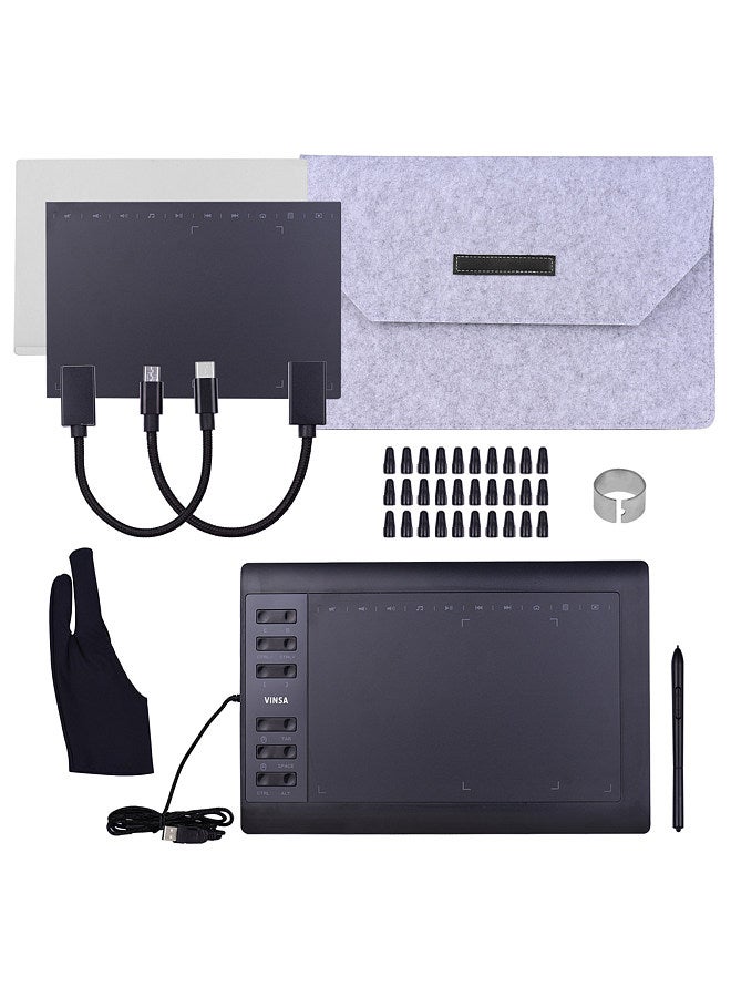 10x6 Inch Professional Graphics Drawing Tablet 12 Express Keys with 8192 Levels Battery-Free Stylus/30pcs Nibs/Pen Clip/2pcs OTG Cable/Copy Film/Hand Feeling Film/Protective Bag/Glove  - Image 1