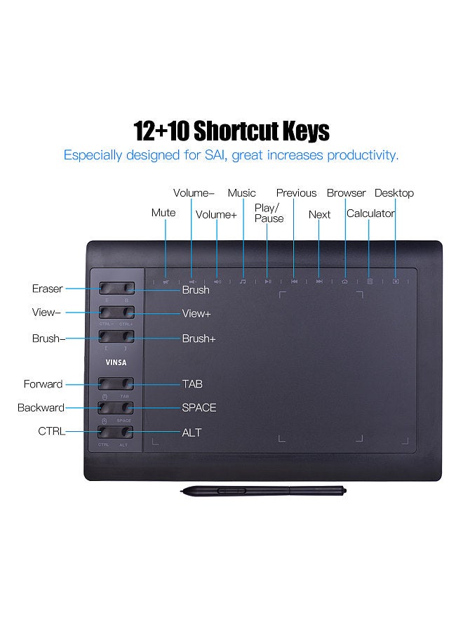 10x6 Inch Professional Graphics Drawing Tablet 12 Express Keys with 8192 Levels Battery-Free Stylus/30pcs Nibs/Pen Clip/2pcs OTG Cable/Copy Film/Hand Feeling Film/Protective Bag/Glove  - Image 4