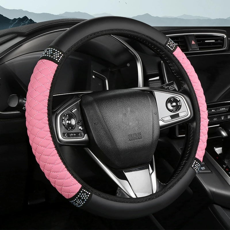 Tioollev Bling Car Steering Wheel Cover 15 Inch Rhinestones Soft Leather Elastic Steering Wheel Protector Universal 15 Inch for Women Girls Fit Vehicles Sedans SUVs Vans Trucks Pink - Image 3