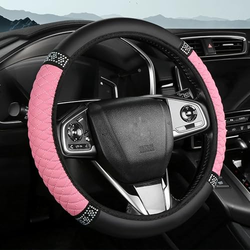 Tioollev Bling Car Steering Wheel Cover 15 Inch Rhinestones Soft Leather Elastic Steering Wheel Protector Universal 15 Inch for Women Girls Fit Vehicles Sedans SUVs Vans Trucks Pink - Image 1