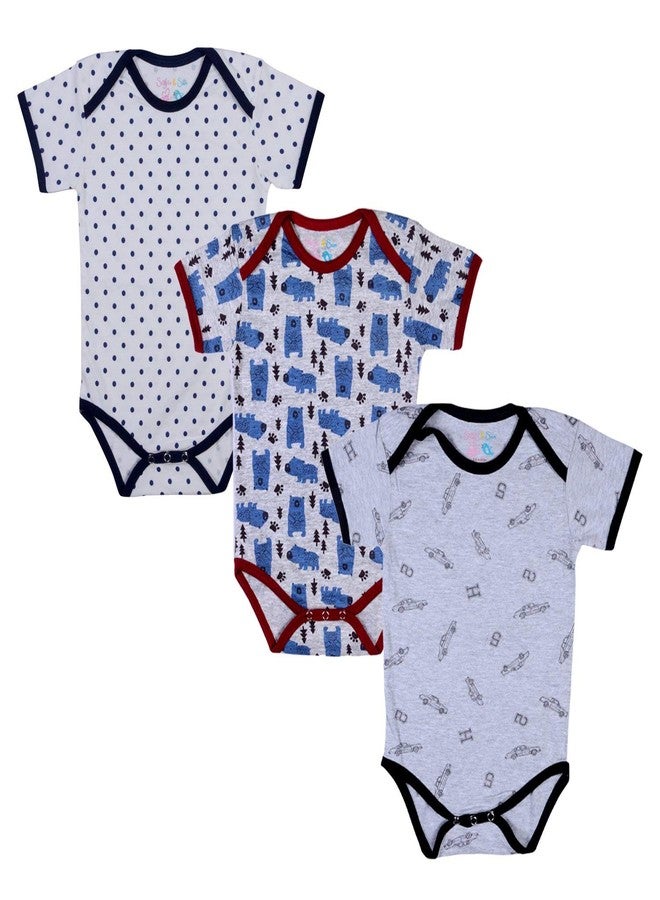 Sofie & Sam Baby Romper Half Sleeves Premium Cotton Pack of 3 - Bear/Car/Polka Dot (12-18 Months) - Image 1