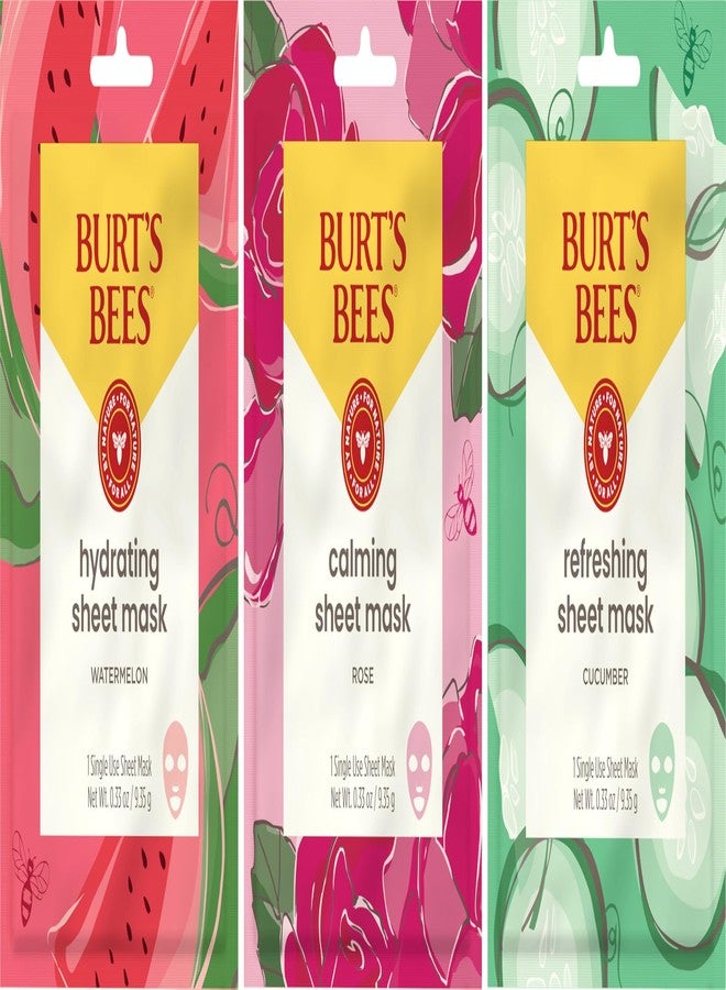 Burt's Bees Face Mask Bundle Set, Hydrating Watermelon, Calming Rose, & Refreshing Cucumber, Face Sheet Masks for Single Use Skin Care, 99% Natural Origin, 3 Count, 0.33oz Each - Image 2