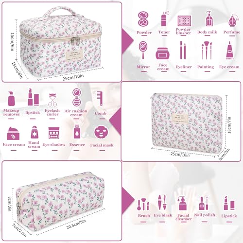 Gosect Makeup Bag Set, Quilted Makeup Bag, Large Floral Cosmetic Bag for Women, Cute Cotton Makeup Bags, Flower Travel Toiletry Organizer Bag (Purple Flower) - Image 2