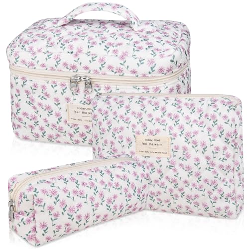 Gosect Makeup Bag Set, Quilted Makeup Bag, Large Floral Cosmetic Bag for Women, Cute Cotton Makeup Bags, Flower Travel Toiletry Organizer Bag (Purple Flower) - Image 1