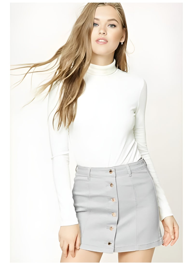 FOREVER 21 Women’s Light Grey Denim Mini Skirt – High-Waisted Button-Front Skirt with Belt Loops  - Image 1