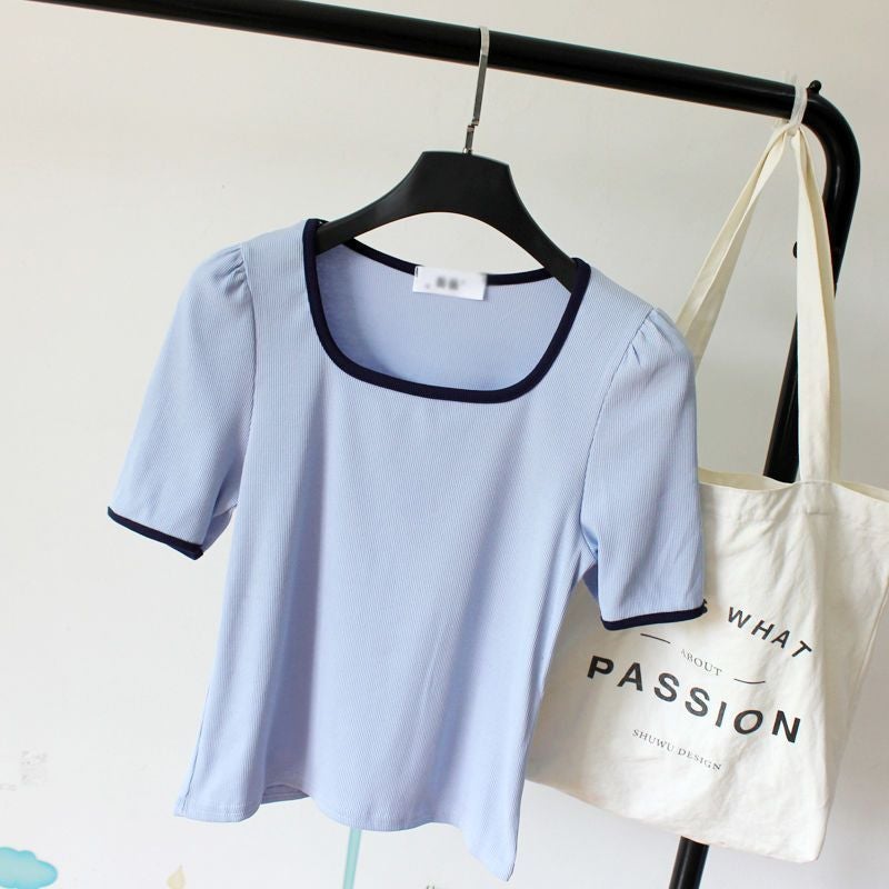 Shoulder Short-Sleeved T-Shirt 2025 Design Niche Square Collar All-Match Western Ice Silk Thread Base Top - Image 1