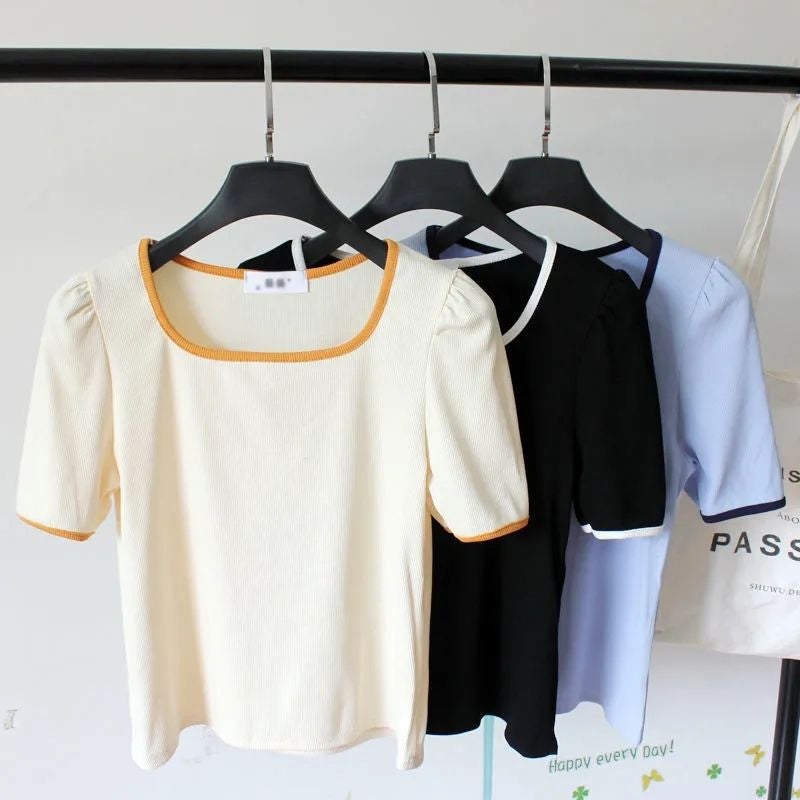 Shoulder Short-Sleeved T-Shirt 2025 Design Niche Square Collar All-Match Western Ice Silk Thread Base Top - Image 2
