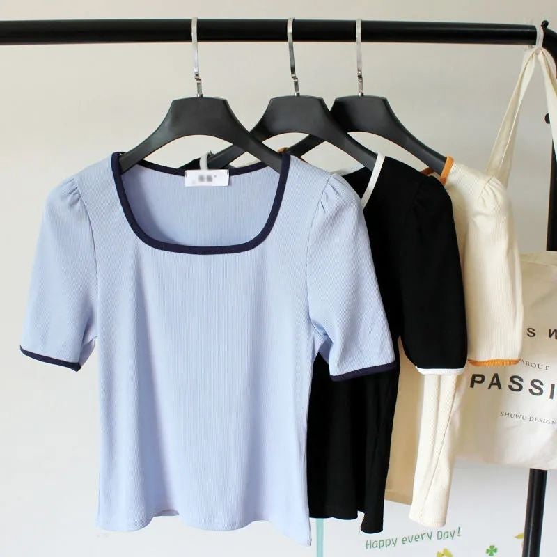 Shoulder Short-Sleeved T-Shirt 2025 Design Niche Square Collar All-Match Western Ice Silk Thread Base Top - Image 3