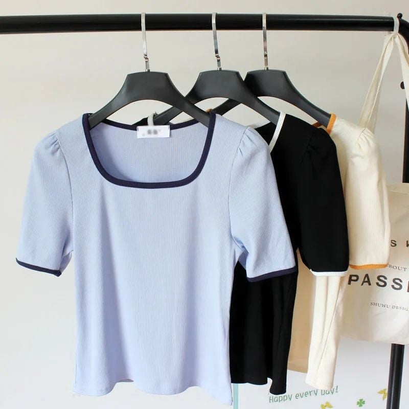 Shoulder Short-Sleeved T-Shirt 2025 Design Niche Square Collar All-Match Western Ice Silk Thread Base Top - Image 4
