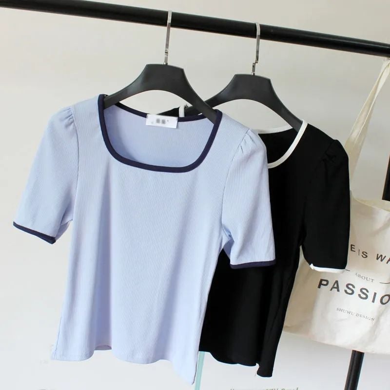 Shoulder Short-Sleeved T-Shirt 2025 Design Niche Square Collar All-Match Western Ice Silk Thread Base Top - Image 5