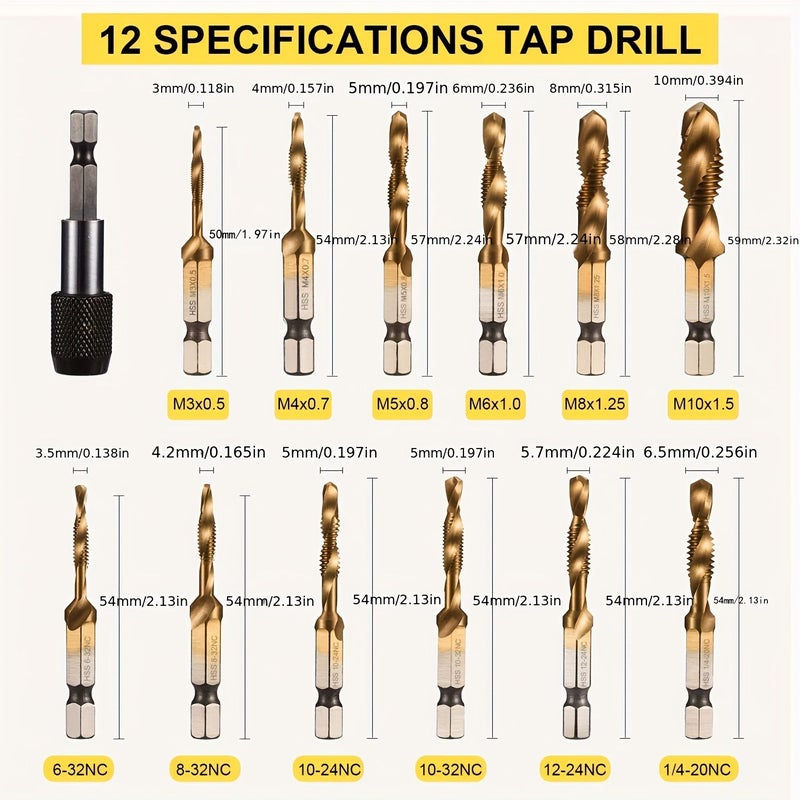 Yellow 13 Piece 3 in 1 Drill and Tap Bit Set with Quick Change Adapter SAE Metric - Image 2