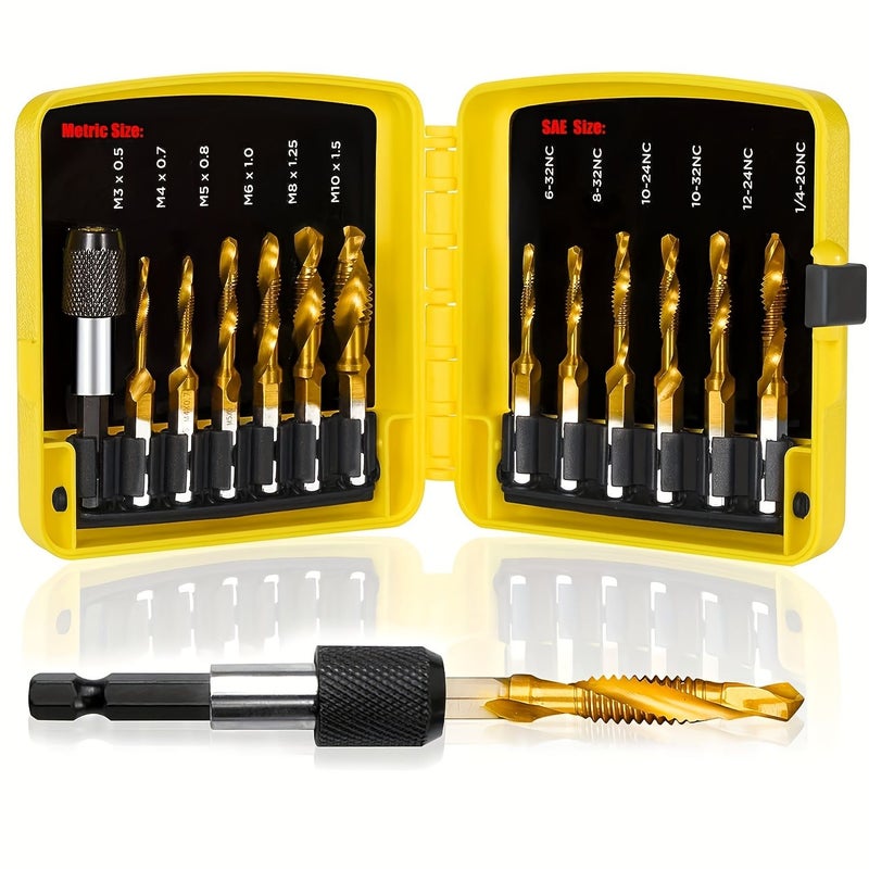 Yellow 13 Piece 3 in 1 Drill and Tap Bit Set with Quick Change Adapter SAE Metric - Image 1