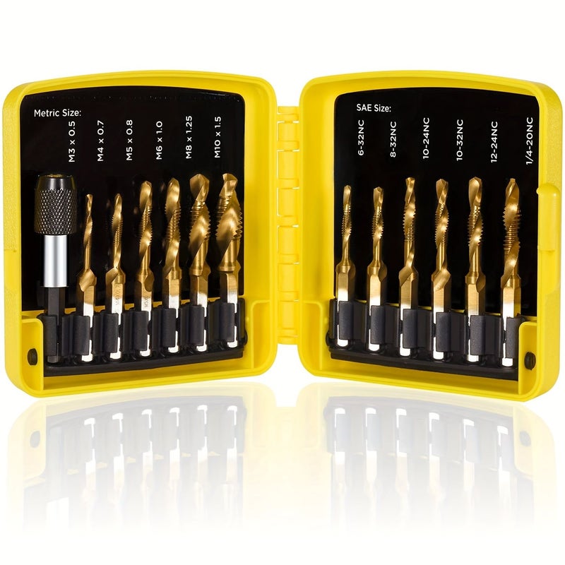 Yellow 13 Piece 3 in 1 Drill and Tap Bit Set with Quick Change Adapter SAE Metric - Image 5