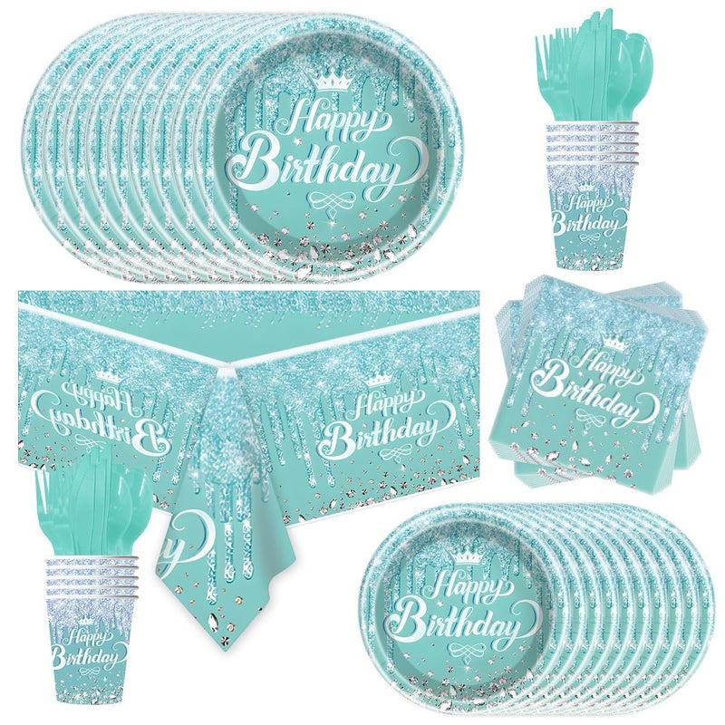 Ou Rui 81Pcs Teal and Silver Tableware Set Sparkling Diamonds Party Decoration for Girls and Women Birthday Party Supplies Blue - Image 3