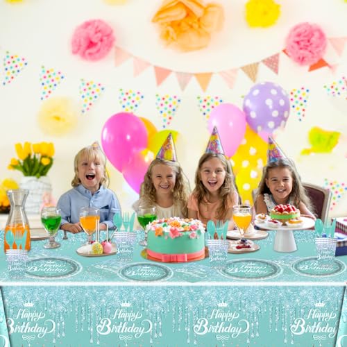 Ou Rui 81Pcs Teal and Silver Tableware Set Sparkling Diamonds Party Decoration for Girls and Women Birthday Party Supplies Blue - Image 5