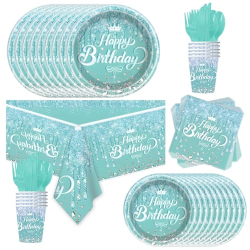 Ou Rui 81Pcs Teal and Silver Tableware Set Sparkling Diamonds Party Decoration for Girls and Women Birthday Party Supplies Blue - Image 1