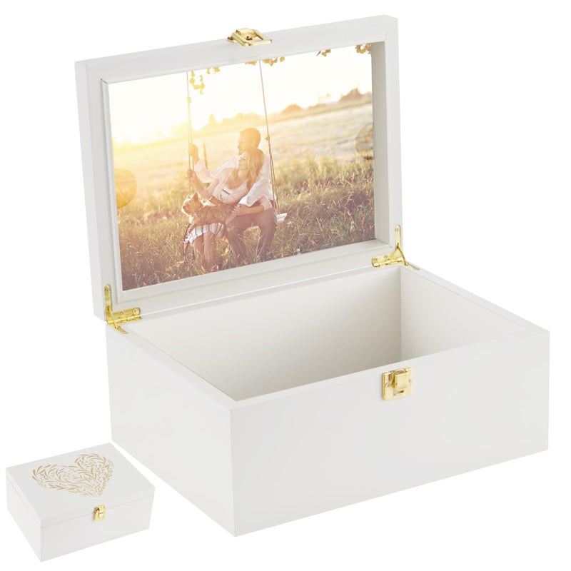 Larger Wooden Memory Keepsake Boxes With Hinged Lids and a photo frame inside the lid  Decorative Storage Box With a Hinge Lids For Picture Letter Time Capsule  5386117 offwhite