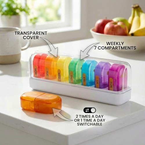POPCUBE Weekly Medicine Organizer Box 7-Day 2 times a day, XXL Large Pill Organizer, Cute and Colorful Pillbox, Pill Organizer Box with Clear Lids for Vitamin, Medicine, Supplement, Fish Oil (Multicolor) - Image 3