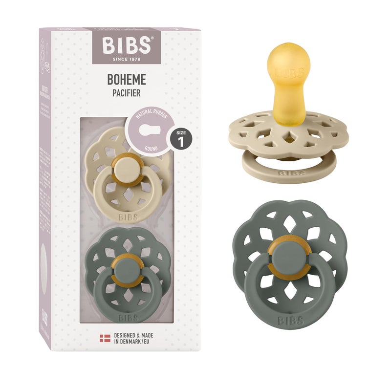 BIBS Pacifiers 0-6 Months | Boheme Collection 2-Pack | BPA-Free Round Nipple | Nautral Rubber Latex | Made in Denmark | Vanilla/Pine - Image 1
