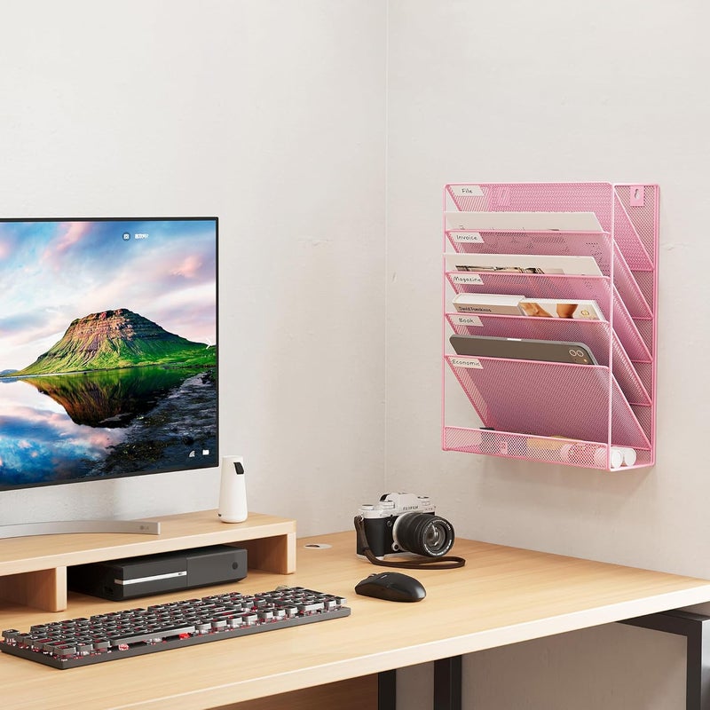 EasyPag 5 Tier Wall File Holder Mesh Hanging Folder Organizer with Classify Label, Versatile Desk File Holder, Vertical Wall Mounted Mail Organizer for Office Home Cubicle, Pink - Image 5
