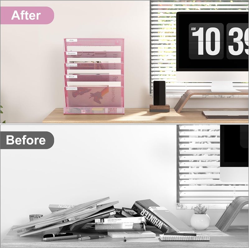 EasyPag 5 Tier Wall File Holder Mesh Hanging Folder Organizer with Classify Label, Versatile Desk File Holder, Vertical Wall Mounted Mail Organizer for Office Home Cubicle, Pink - Image 3