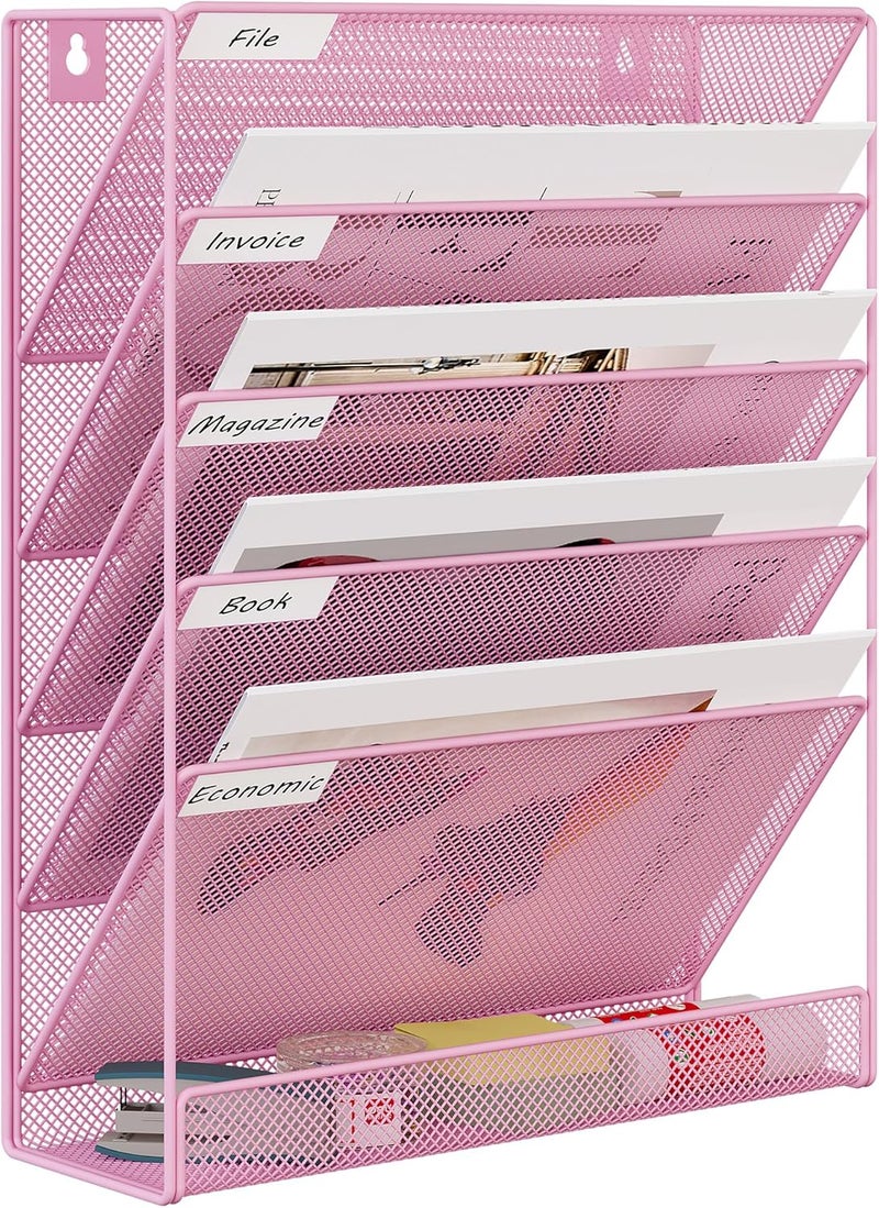 EasyPag 5 Tier Wall File Holder Mesh Hanging Folder Organizer with Classify Label, Versatile Desk File Holder, Vertical Wall Mounted Mail Organizer for Office Home Cubicle, Pink - Image 1