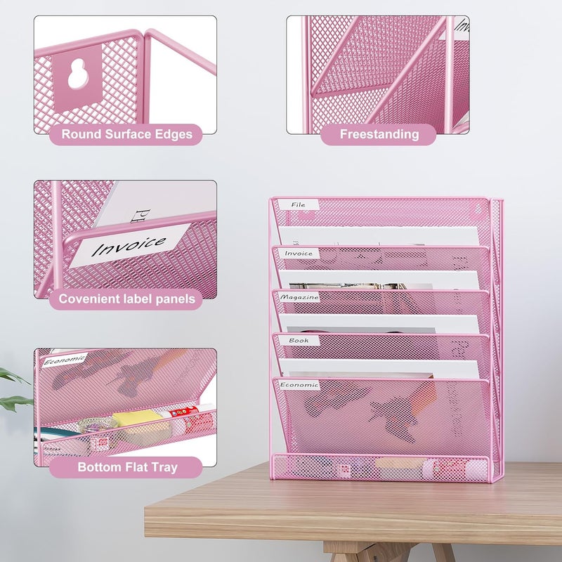 EasyPag 5 Tier Wall File Holder Mesh Hanging Folder Organizer with Classify Label, Versatile Desk File Holder, Vertical Wall Mounted Mail Organizer for Office Home Cubicle, Pink - Image 2