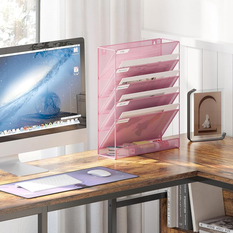 EasyPag 5 Tier Wall File Holder Mesh Hanging Folder Organizer with Classify Label, Versatile Desk File Holder, Vertical Wall Mounted Mail Organizer for Office Home Cubicle, Pink - Image 4