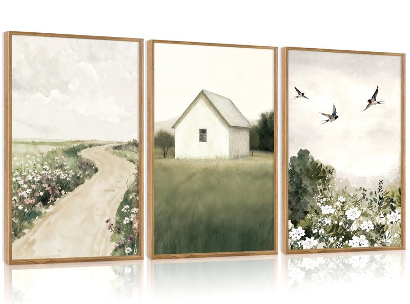 IARTTOP Framed Vintage Farmhouse Cabin Wall Art Set,Rustic Country Landscape Wall Decor, Retro Nature Cottagecore Art Prints Spring Wildflowers Flying Birds French Country Canvas Poster for Living Room Bedroom Office-16â€x24â€x3 - Image 1