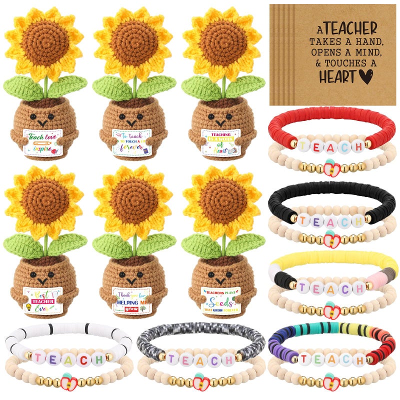 Juinte 6 Set Teacher Appreciation Gifts Sunflower Crochet Dolls with Thank You Bracelet Presents for Holiday Graduation End of Year from Students - Image 1