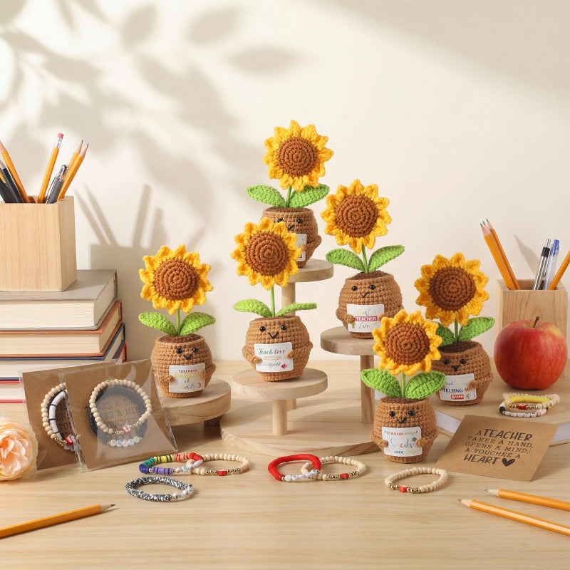 Juinte 6 Set Teacher Appreciation Gifts Sunflower Crochet Dolls with Thank You Bracelet Presents for Holiday Graduation End of Year from Students - Image 2