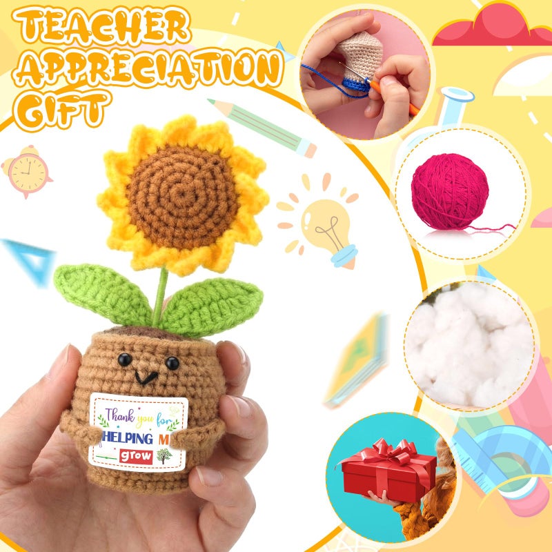 Juinte 6 Set Teacher Appreciation Gifts Sunflower Crochet Dolls with Thank You Bracelet Presents for Holiday Graduation End of Year from Students - Image 5