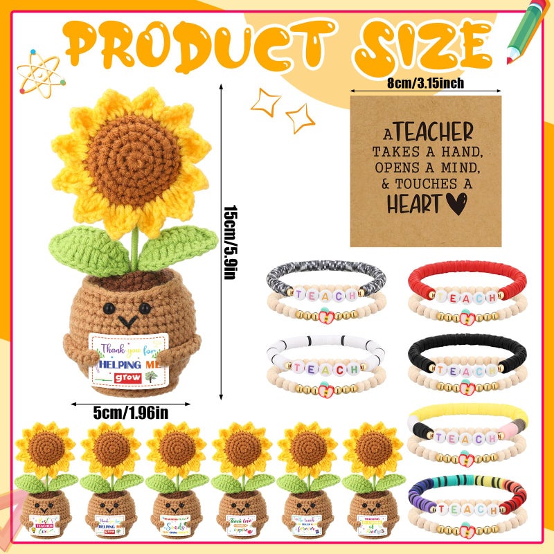 Juinte 6 Set Teacher Appreciation Gifts Sunflower Crochet Dolls with Thank You Bracelet Presents for Holiday Graduation End of Year from Students - Image 3