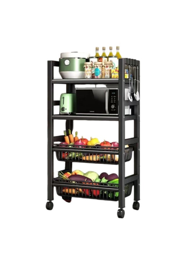 SALADAYS 4-Tier Metal Kitchen Storage Cart, Heavy-Duty Microwave Stand with Adjustable Second Shelf, 2 Flat Shelves & 2 Wire Baskets, Mobile Utility Cart with Wheels & Hooks for Kitchen Organization - Image 1
