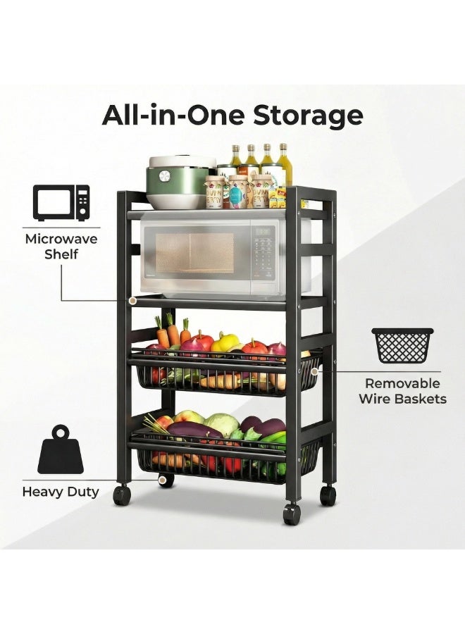 SALADAYS 4-Tier Metal Kitchen Storage Cart, Heavy-Duty Microwave Stand with Adjustable Second Shelf, 2 Flat Shelves & 2 Wire Baskets, Mobile Utility Cart with Wheels & Hooks for Kitchen Organization - Image 2