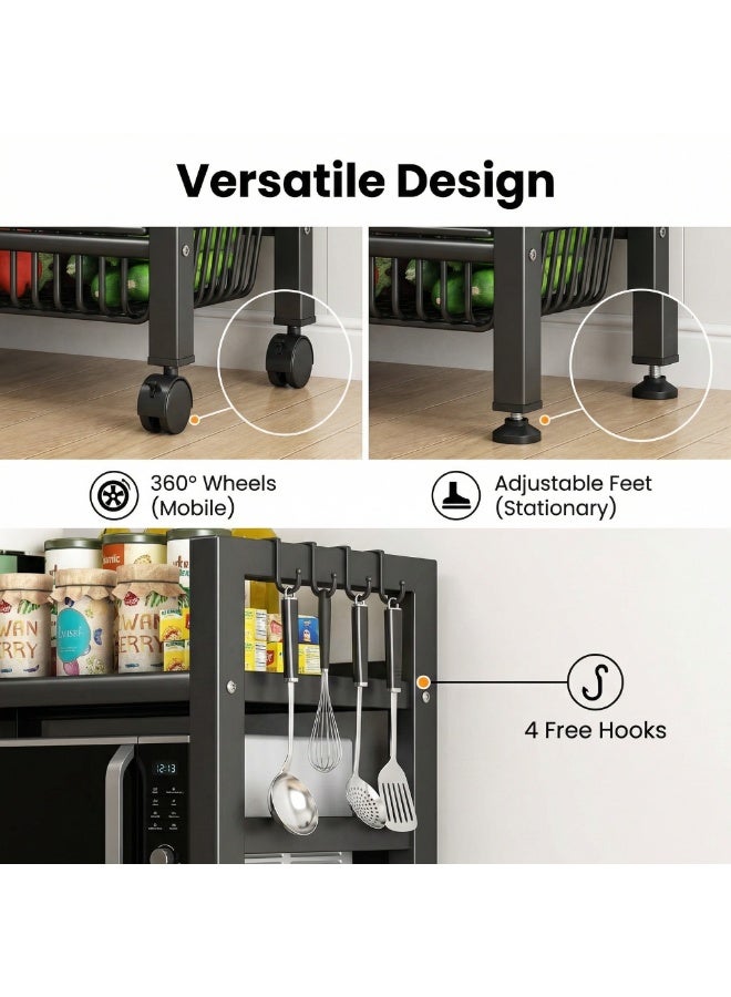 SALADAYS 4-Tier Metal Kitchen Storage Cart, Heavy-Duty Microwave Stand with Adjustable Second Shelf, 2 Flat Shelves & 2 Wire Baskets, Mobile Utility Cart with Wheels & Hooks for Kitchen Organization - Image 3