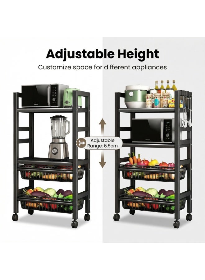 SALADAYS 4-Tier Metal Kitchen Storage Cart, Heavy-Duty Microwave Stand with Adjustable Second Shelf, 2 Flat Shelves & 2 Wire Baskets, Mobile Utility Cart with Wheels & Hooks for Kitchen Organization - Image 5