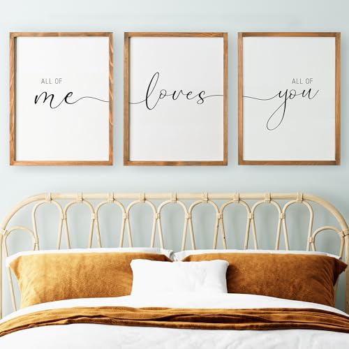 Houmury Set of 3 Framed Farmhouse All of Me Loves All of You Sign 11x14 Above Bed Wall Decor for Bedroom Decor Wall Art Wood Signs 11x14 Brown - Image 1