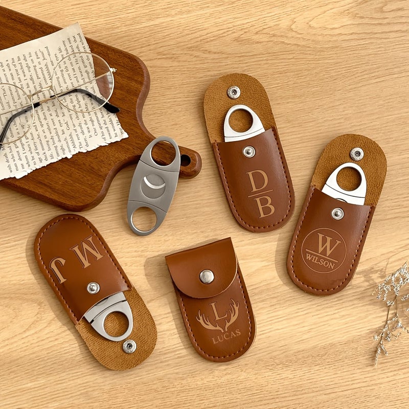 Personalized Engraved Cigar Cutter With Leather Case Style 5 Fathers Day Groomsmen Gifts Custom Cigar Cutter - Image 1