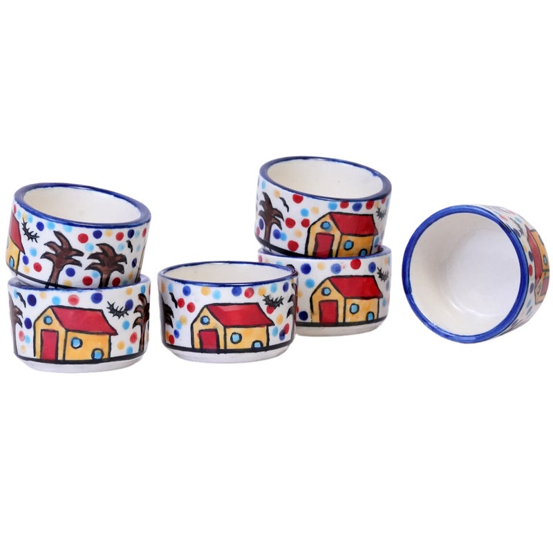 Freakway Handpainted 6 Dips of Hut Ceramic Dip Bowl/Chutney Bowl/Pickle Bowl/Sauce Serving Bowl Set (50 ML, Small, 6-Pieces, Multicolour, Cartoon Shape Round) - Image 3