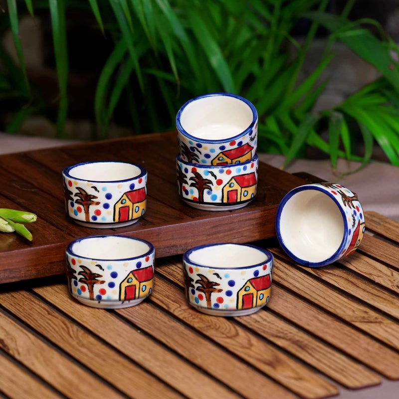 Freakway Handpainted 6 Dips of Hut Ceramic Dip Bowl/Chutney Bowl/Pickle Bowl/Sauce Serving Bowl Set (50 ML, Small, 6-Pieces, Multicolour, Cartoon Shape Round) - Image 1